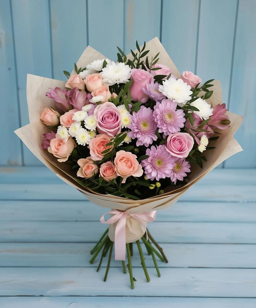 Букет цветов из: Хризантемы, Розы и Альстромерии в Казанское