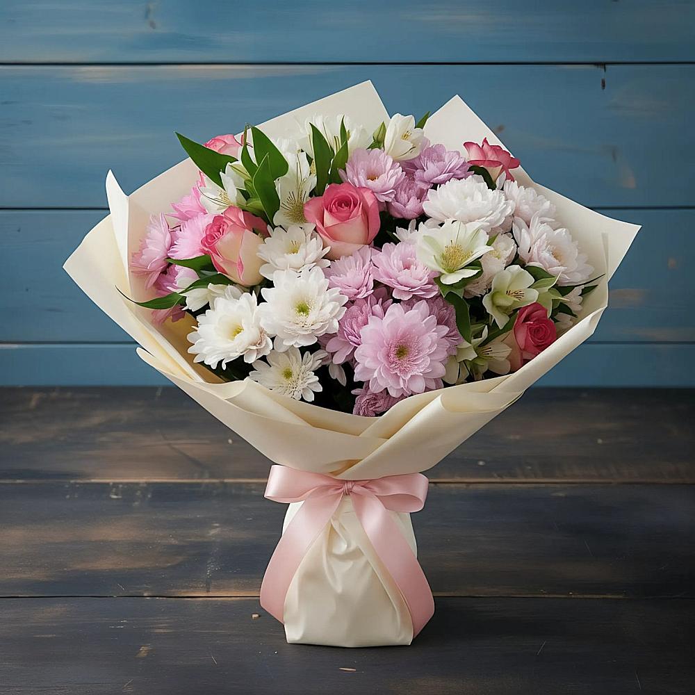 Букет цветов из: Хризантемы, Альстромерии и Розы в Казанское